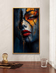 Tableau  visage féminin, peint avec des nuances de bleu profond