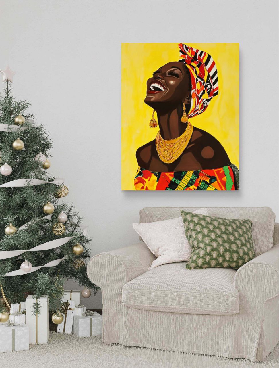 Le tableau représente une femme noire rayonnante